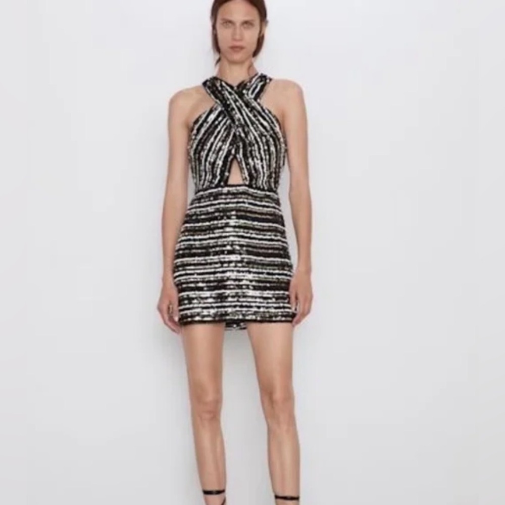 NWT Zara Black Sequin Mini Dress SizeM-Party Night Out Cocktail Dress Date Night